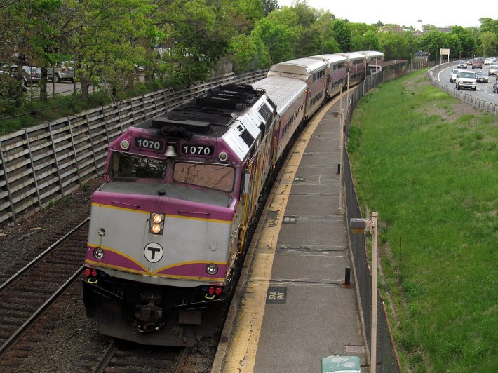 An MBTA train stopped at the Auburndale station in Newton.