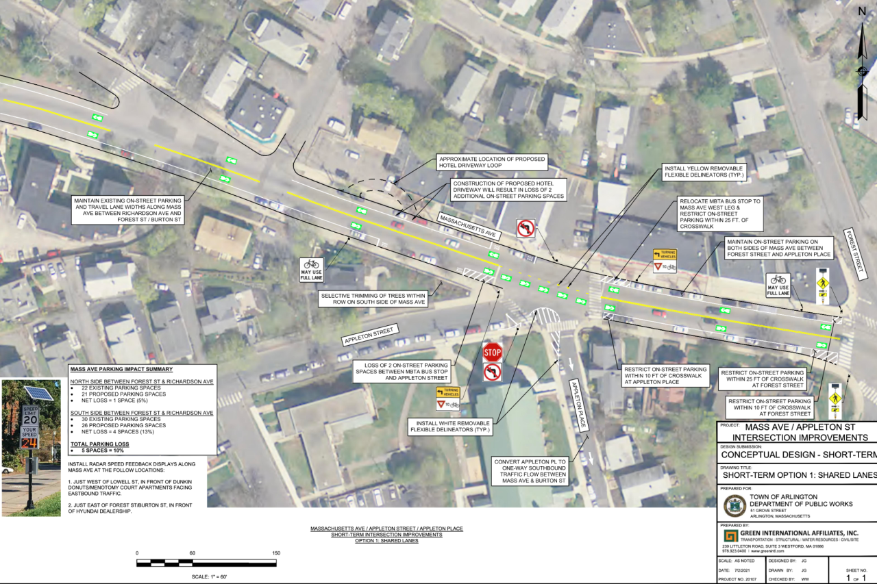 A sketch plan of Arlington's "option 1" reconfiguration of Mass. Ave. near Appleton Street will be implemented later this year. It aims to improve safety as much as possible without losing any on-street parking for cars.