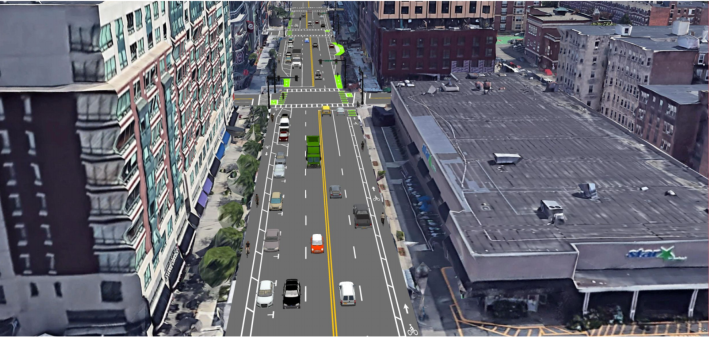 A rendering of new flexpost-protected bike lanes scheduled for installation on Boylston Street in the Fenway neighborhood in the fall of 2021. Courtesy of the Boston Transportation Department.