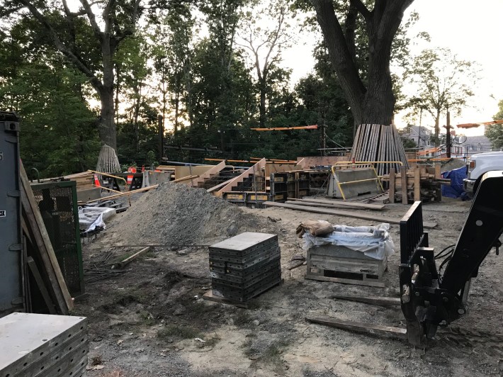 Stairs and foundations under construction on the site of the new Carlton Street footbridge, a link between the Riverway and Brookline, pictured on Tuesday, August 31, 2021.