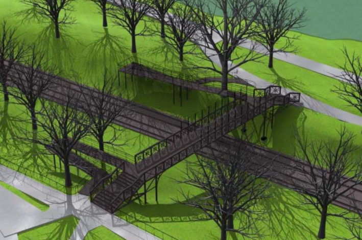 A rendering of the new Carlton Street footbridge, which will span the Green Line tracks to connect Brookline to the Riverway in the Longwood area. Courtesy of MassDOT.