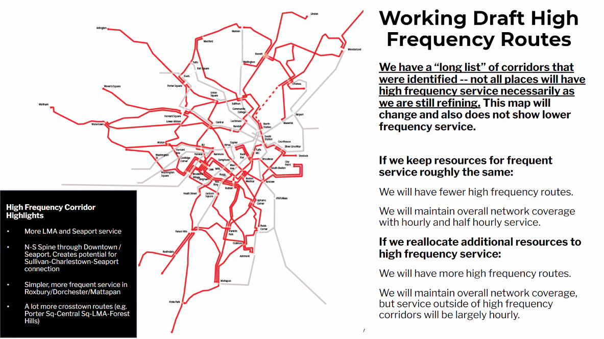 A rough draft map of the T's proposed "high-frequency" bus routes, which could be implemented starting next year under the agency's Bus Network Redesign. Courtesy of the MBTA