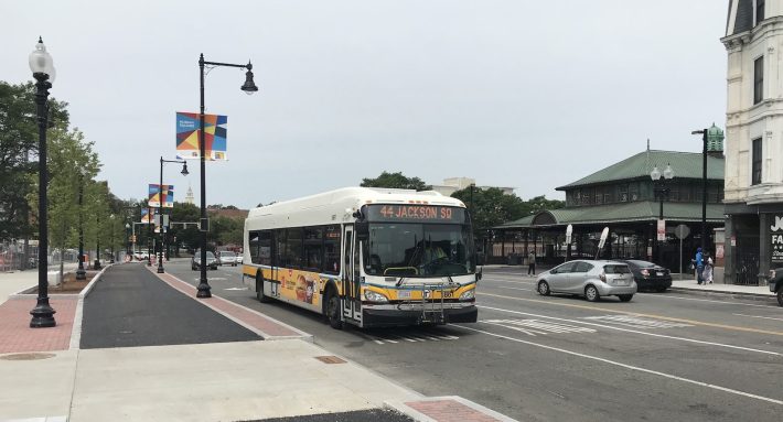 A Route 44 bus on Dudley Street in Nubian Square.