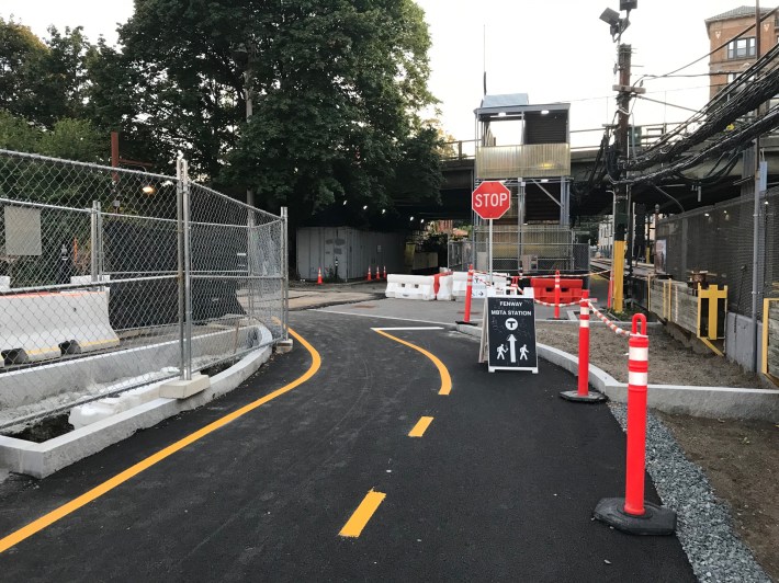 A view of first phase of the new Fenway multi-use path at its western end, at the Fenway Green Line stop (visible at right).