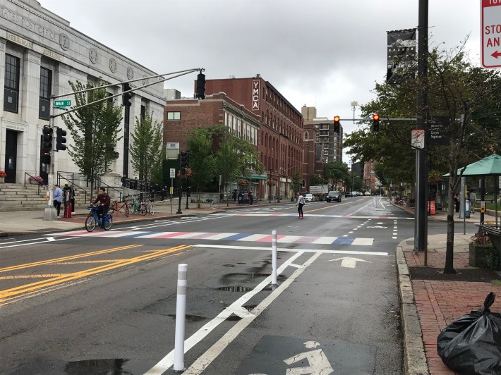 New separated bike lanes on Massachusetts Avenue in front of Cambridge City Hall.