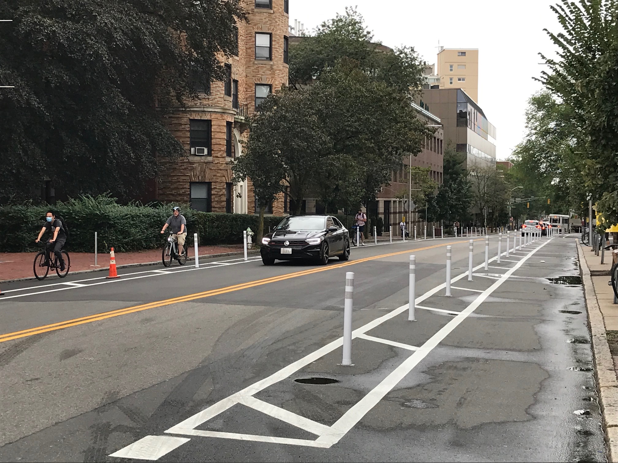 New separated bike lanes on Massachusetts Avenue near Dana Street in Cambridge.