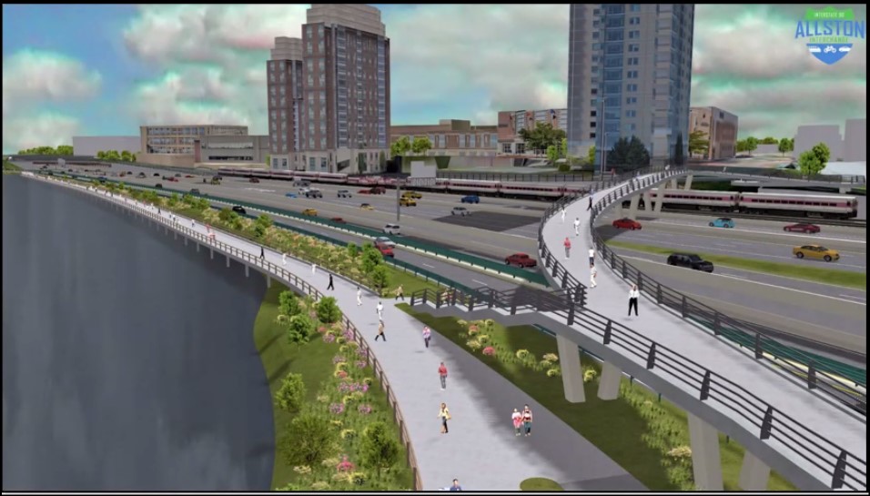 A rendering of the selected "at grade" design for Interstate 90 and Soldiers Field Road along the Charles River waterfront in Allston, a crucial component of the state's proposed Allston Multimodal Project. A new bike and pedestrian bridge, pictured at right, would link the Paul Dudley White paths to the Boston University campus and Packards Corner neighborhood.