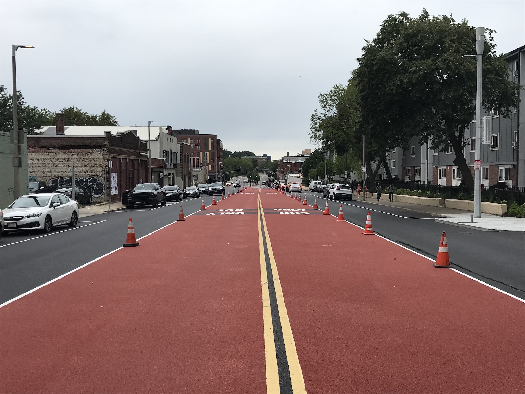 Newly painted, center-running bus lanes on Columbus Ave. near Jackson Square in Boston, pictured on Sept. 1, 2021. The new busway is expected to open later this month.