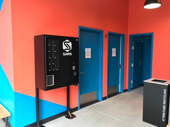 The interior of the bike center at the Cambridge Crossing development, located adjacent to the new Lechmere Green Line Station. The bike center includes lockers, changing rooms, and showers for bike commuters, and is open to the public.