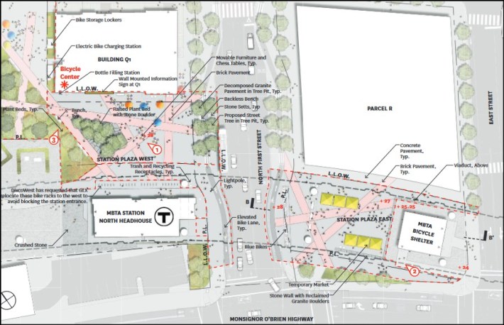 Site plan for the Lechmere Green Line station plaza at Cambridge Crossing, showing new public spaces and bike parking areas near the new MBTA station entrance.
