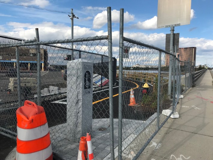 A new trail runs along the recently-rebuilt seawall next to the MBTA's Charlestown bus garage.