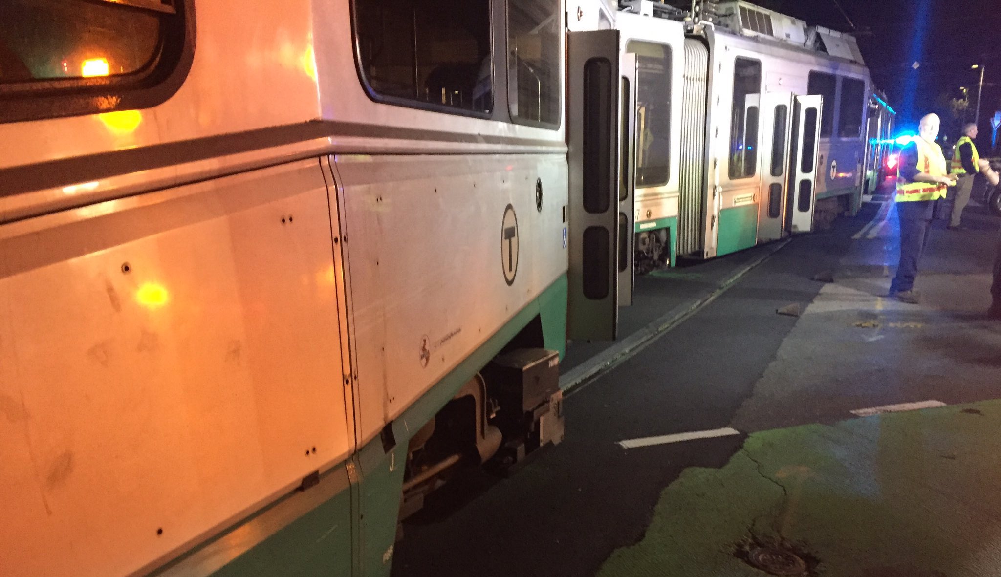 A Type 8 Green Line train derailed from newly-installed tracks on the E Branch near Heath Street on Tuesday evening, October 19, 2021. Photo courtesy of Ari Ofsevit.