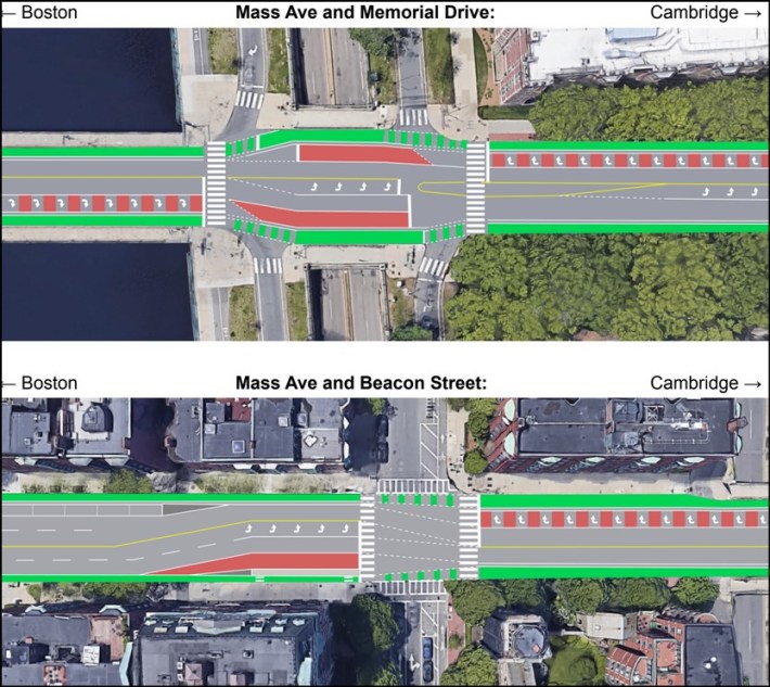 Proposed widened bike lanes and new bus lanes for the Mass. Ave. Bridge