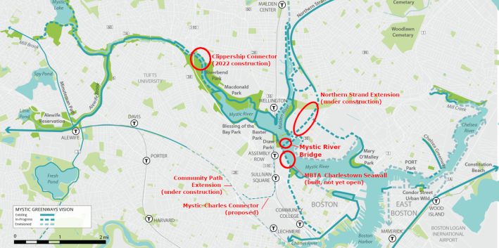 Greenway projects in progress in the lower Mystic River watershed as of fall 2021. Courtesy of the Mystic River Watershed Association.