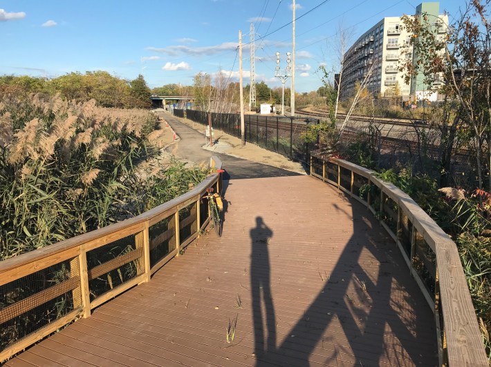 The Northern Strand Trail extension in Everett, looking north towards the Revere Beach Parkway overpasses.