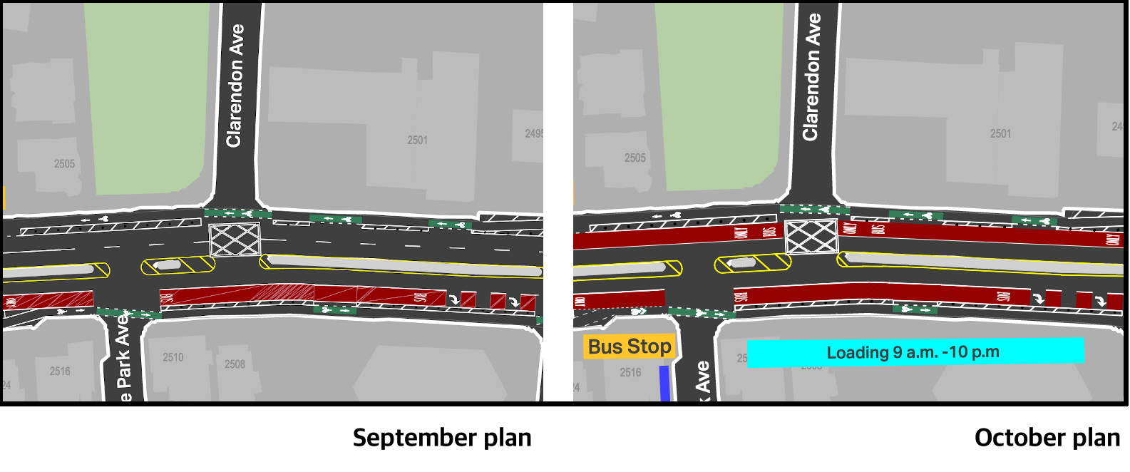 Plans for the reconfiguration of outer Massachusetts Avneue in Cambridge. The City of Cambridge has updated its plans for outer Massachusetts Avenue, near the Arlington town line, to add a second outbound dedicated bus lane, in addition to protected bike lanes. An earlier version of the plan (at left) would have only provided one, inbound bus lane.