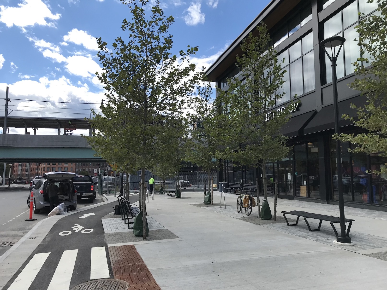 The new REI co-op in Cambridge is right next to the new Lechmere Green Line station (visible in the background of this photo) and the new Community Path.