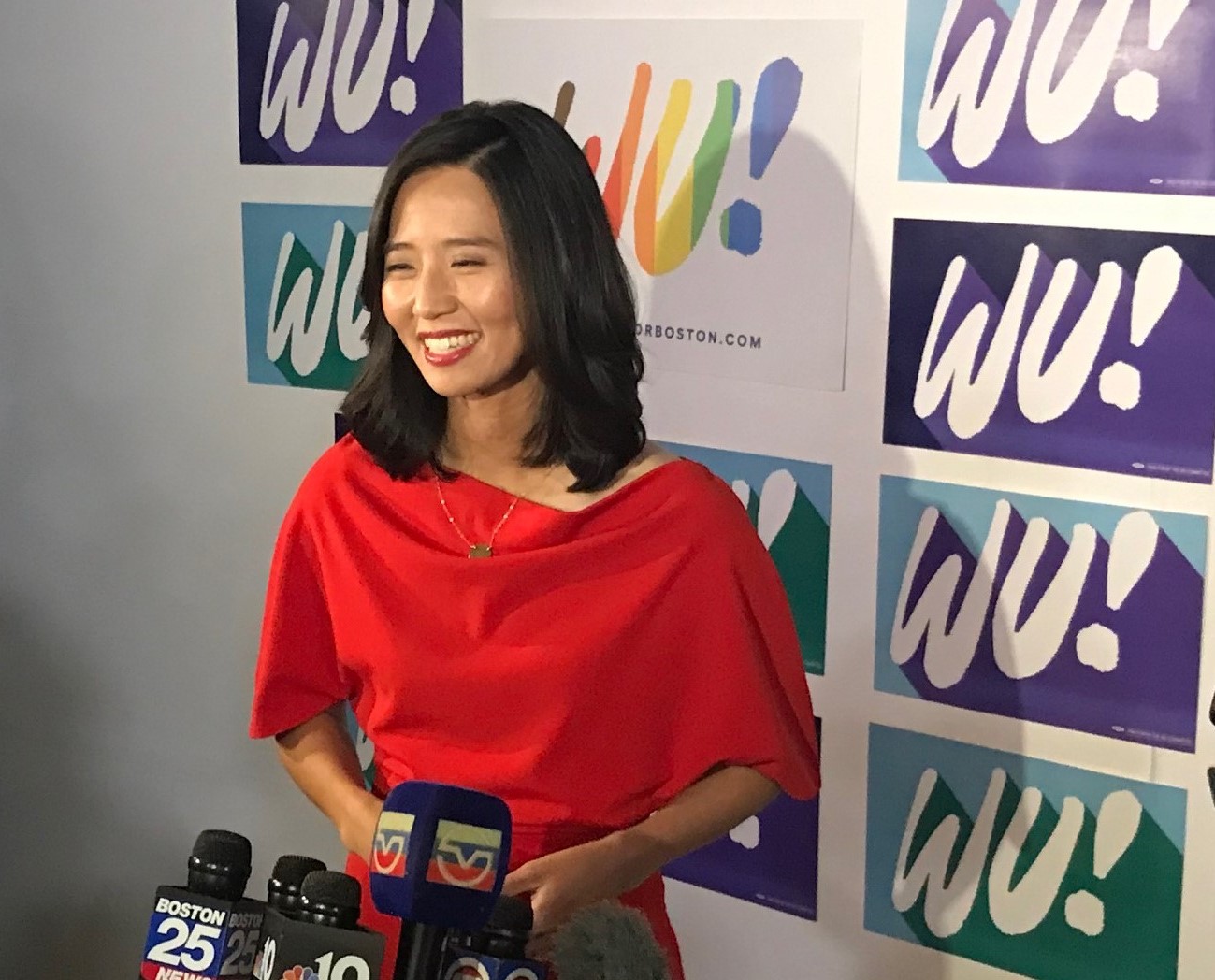 Mayor-elect Michelle Wu answers questions from the press on election night, November 2, 2021.