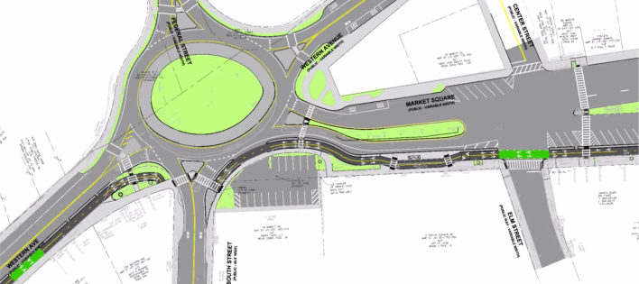 MassDOT plans for extending the Northern Strand Trail would build a two-way, protected bike path along the southern edge of the Market Square roundabout in Lynn.