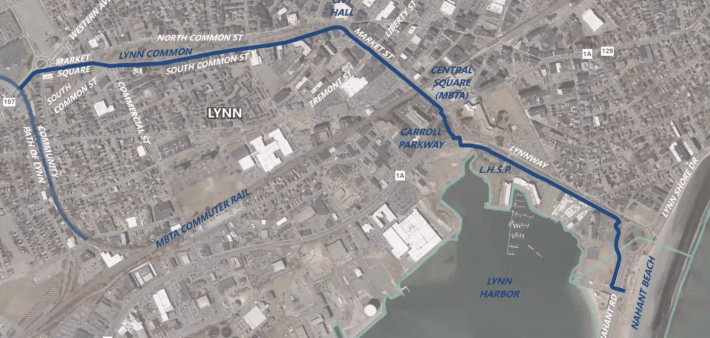 A map of the proposed 2-mile extension through downtown Lynn.