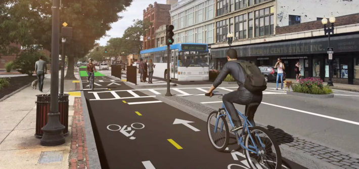 Rendering of the proposed Northern Strand on-street bikeway on Market Street in downtown Lynn. Courtesy of MassDOT.