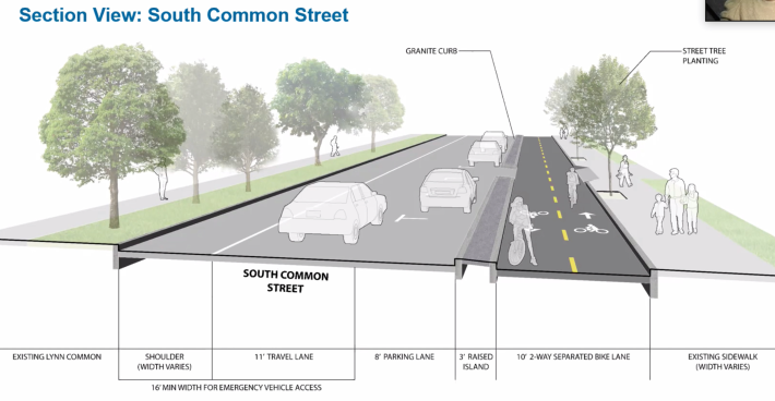 MassDOT plans for extending the Northern Strand Trail would build a two-way, protected bike path along South Common Street in Lynn.