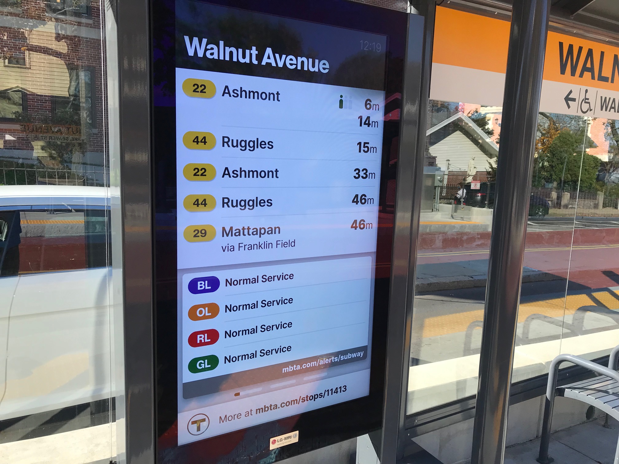 Large transit information screens at new bus stops along the Columbus Ave. bus lanes include arrival times for upcoming buses, crowding information, and other rider alerts. The units also include speakers that announce arrival information at regular intervals for visually-impaired riders.