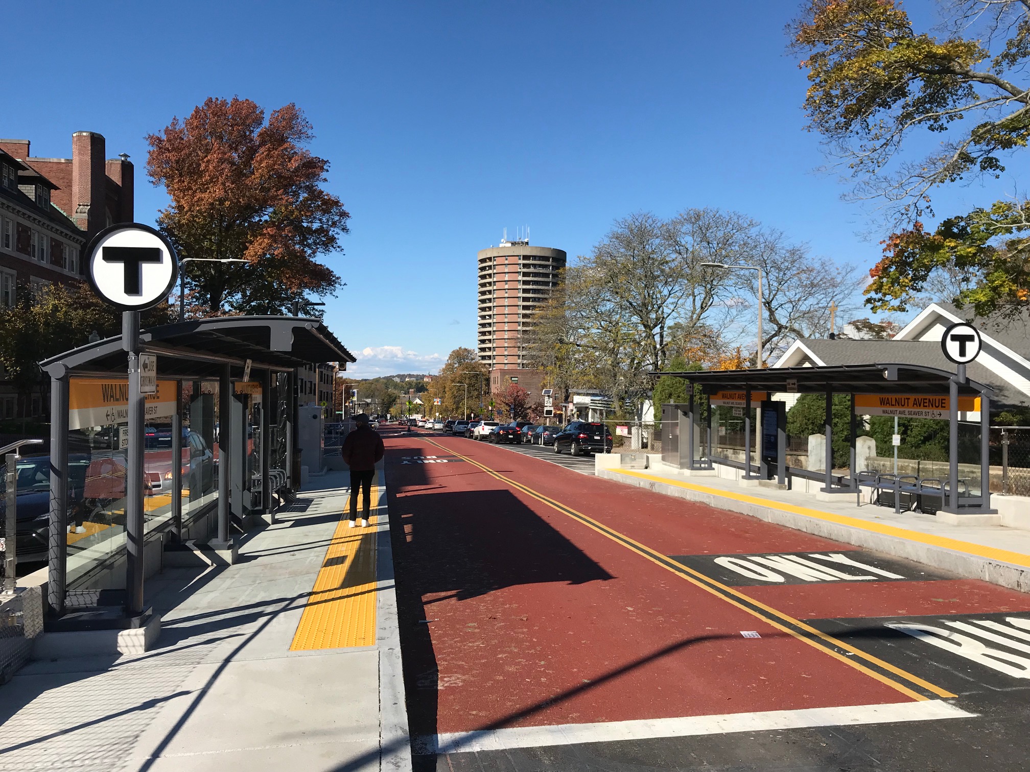 A view of the new Columbus Ave. bus lanes and the new bus platforms at Walnut Avenue.