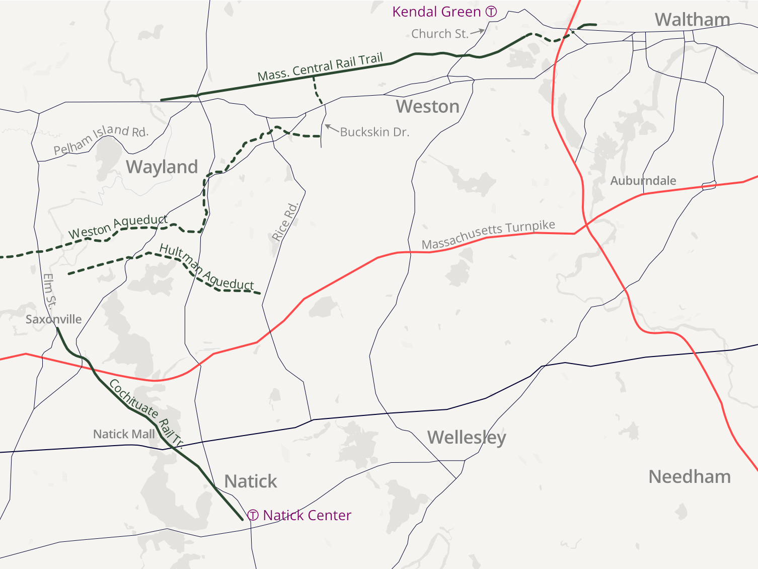 An overview map of the Mass. Central Rail Trail, Cochituate Rail Trail, and aqueduct trails in Wayland, Natick, Framingham, and Weston.