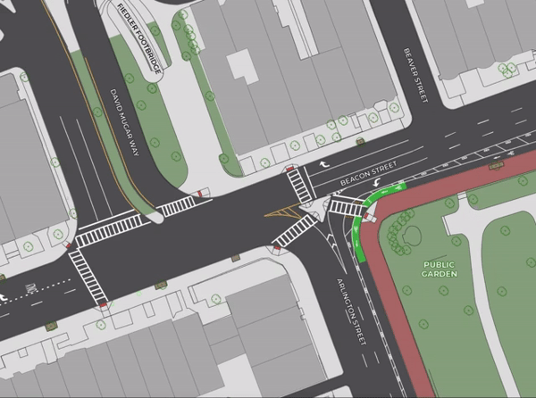 An animated gif illustrating the current and proposed layout of the Beacon Street and Arlington Street intersection in downtown Boston. The proposed project would finally connect the Connect Downtown bikeways with the protected bike lane on Beacon Street. Courtesy of the Boston Transportation Department.
