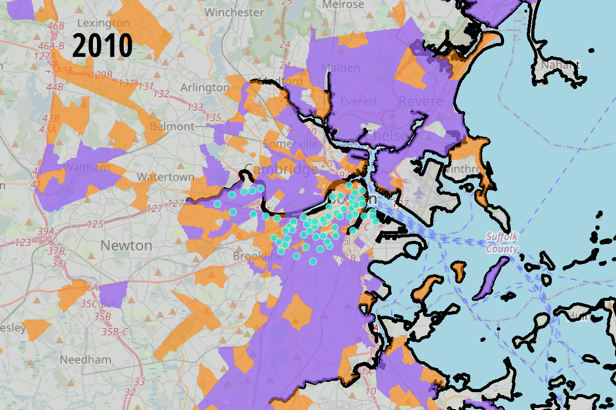 Bluebike station locations in 2010, 2016, and 2021. When the system launched a decade ago, it primarily served higher-income, whiter neighborhoods in central Boston. However, thanks to new stations, non-white and lower-income residents of these cities and towns now enjoy more equitable levels of access to the bikesharing network.