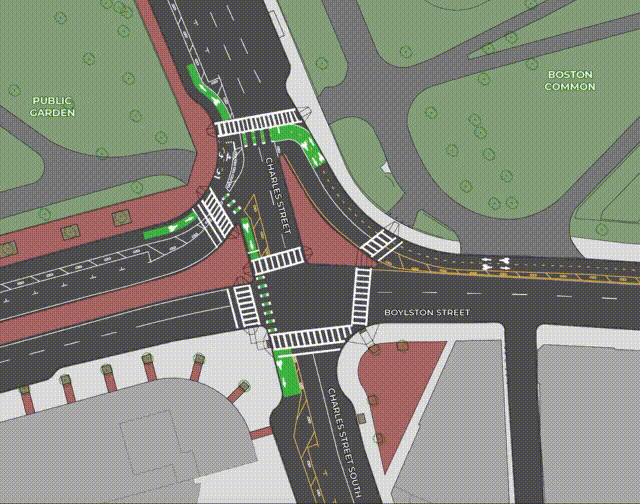 An animated gif illustrating the current and proposed layout of the Charles Street and Boylston Street intersection in downtown Boston. A proposed project would eliminate a former right-turn lane for cars to create more space for a signature entrance to the Boston Common.