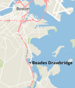 Map of the location of the Beades Drawbridge, on the shore of Dorchester Bay in Boston