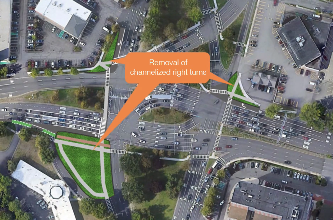 A short-term proposal for Wellington Circle would remove right-turn slip lanes at three of the intersection's four corners – a relatively minor change for people in cars that would dramatically cut down the number of lanes and crosswalks that pedestrians would need to use to cross the intersection.