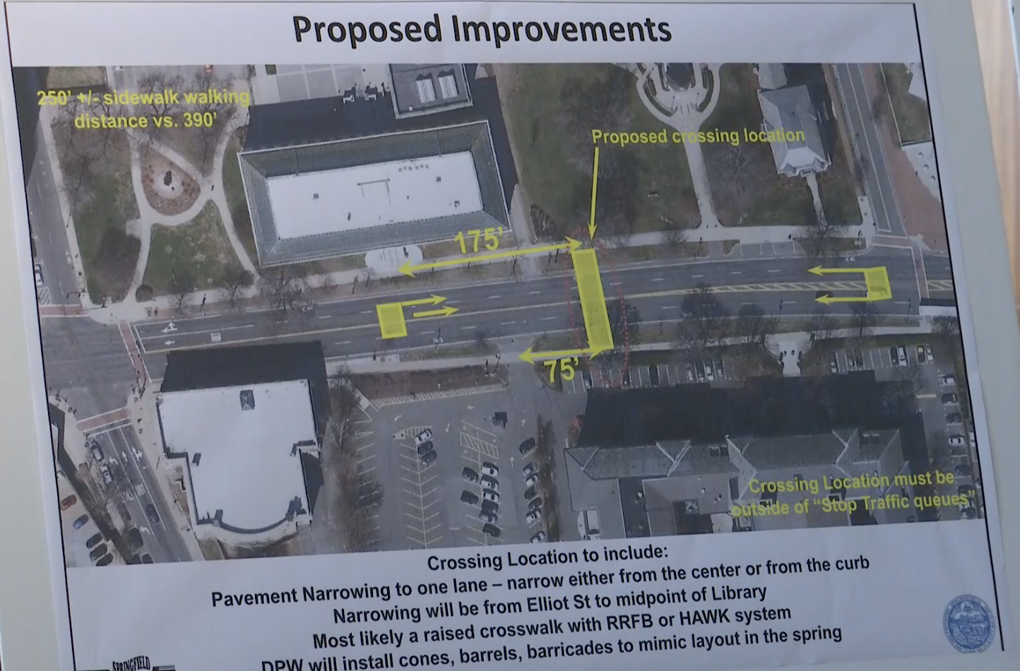 A screenshot of the proposed traffic calming measures being proposed for State Street in downtown Springfield, where drivers have killed two pedestrians in the past decade. Courtesy of the City of Springfield.