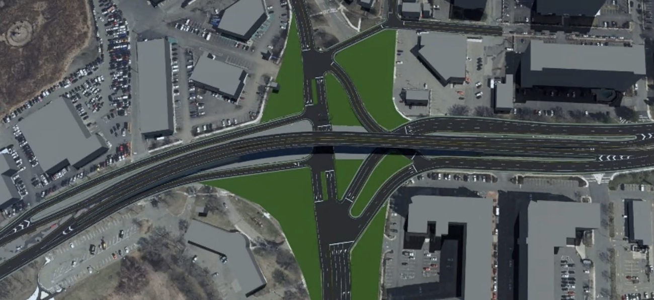 MassDOT's overpass concept for Wellington Circle. Stakeholders at a January 2021 working group meeting urged the agency and its consultants to reject this proposal. Courtesy of MassDOT.