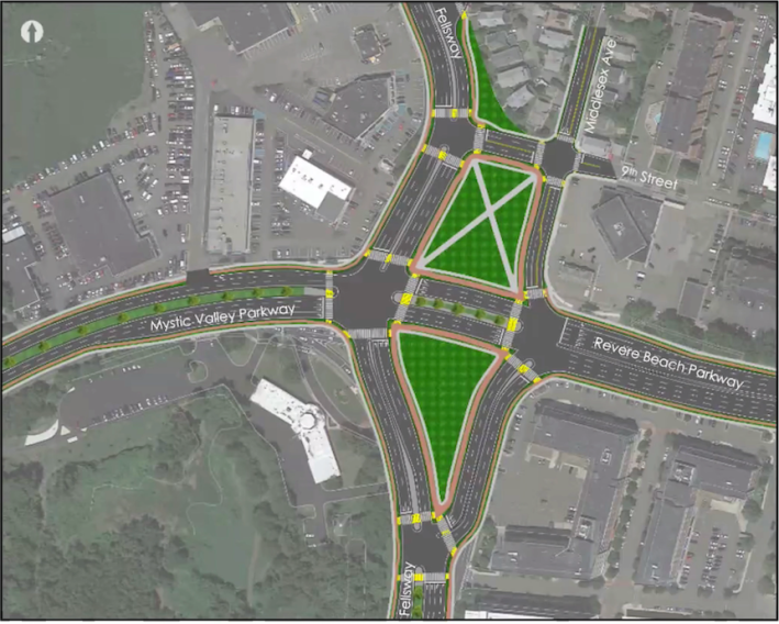 One long-term concept for redesigning the Wellington Circle intersection would create one major intersection for through-running traffic, and a separate intersection for turning traffic, with a large park in the middle. Courtesy of MassDOT.