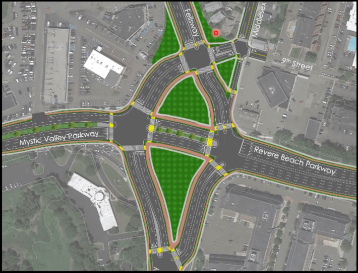 The "triangle" concept for a redesigned Wellington Circle intersection would create three large intersections to handle traffic between the Fellsway, Revere Beach Parkway, Mystic Valley Parkway, and Middlesex Ave. Courtesy of MassDOT.