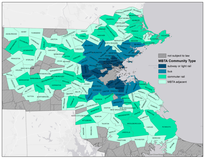 A map of Massachusetts municipalities affected by the new MBTA multifamily zoning law. Dark blue communities that have land within 1/2 a mile of the T's rapid transit lines will need to zone to allow an amount of multifamily housing equal to 25 percent of their existing housing stock; light green "MBTA-adjacent" communities will be required to zone for a capacity of at least 750 multifamily homes. Courtesy of the Mass. Executive Office of Housing and Economic Development