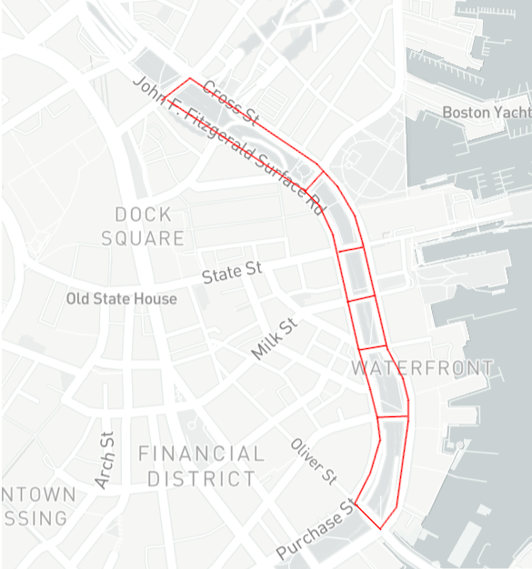 A map of streets being transferred from MassDOT control to the City of Boston along the Rose Kennedy Greenway.