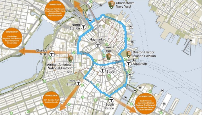 The City of Boston's "Connect Historic Boston" greenway proposal of 2013. Despite winning a highly competitive federal grant, only a few segments of this plan were ultimately built.