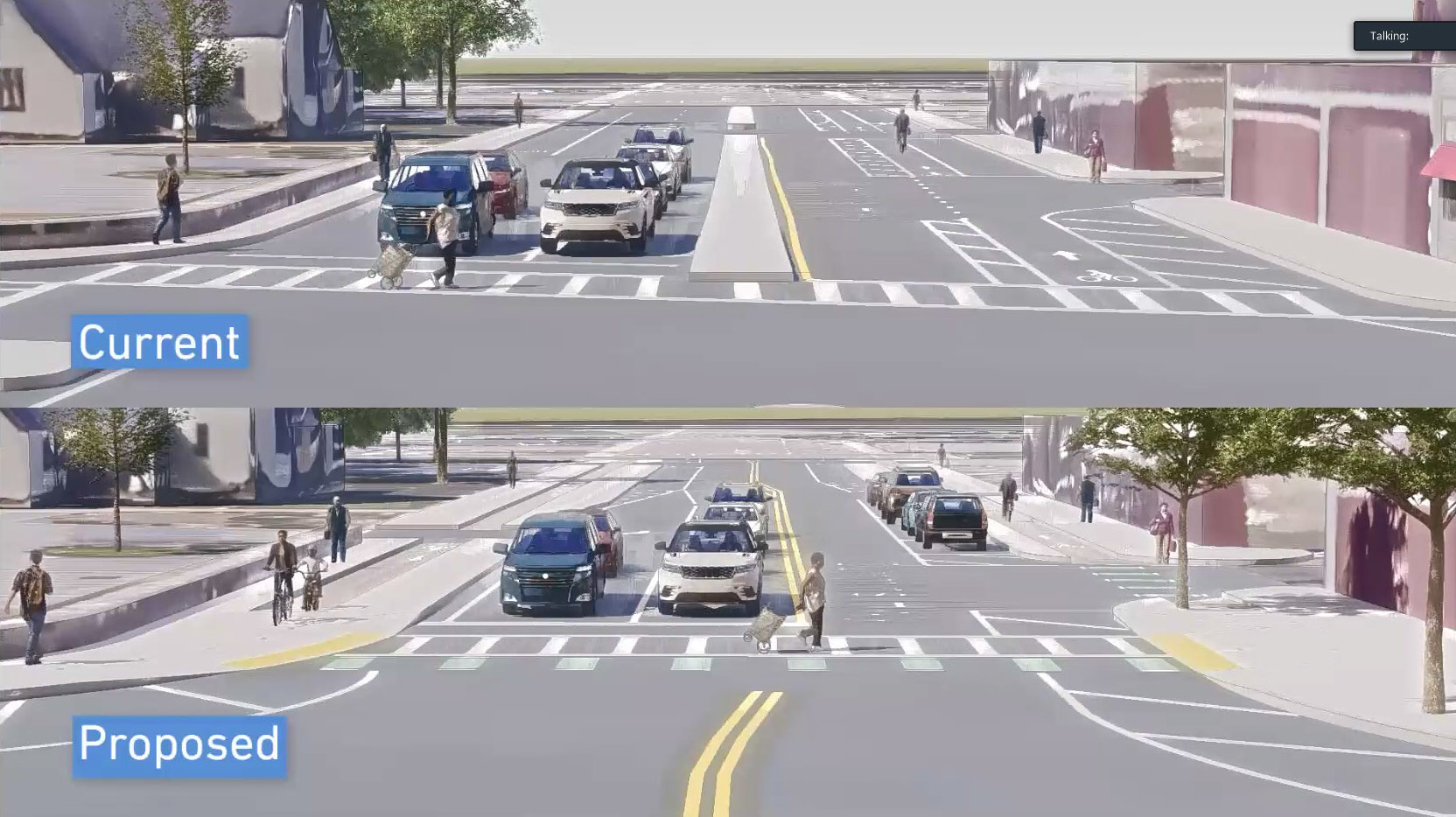 A before-and-after sketch of the City of Boston's proposed changes to Cummins Highway in Mattapan Square illustrates how the city plans to widen sidewalks, add trees, and reduce crossing distances for people walking to or from the neighborhoods west of the square. The design also includes physically protected bike lanes that would connect Cummins Highway to the Neponset Greenway across Blue Hill Avenue.