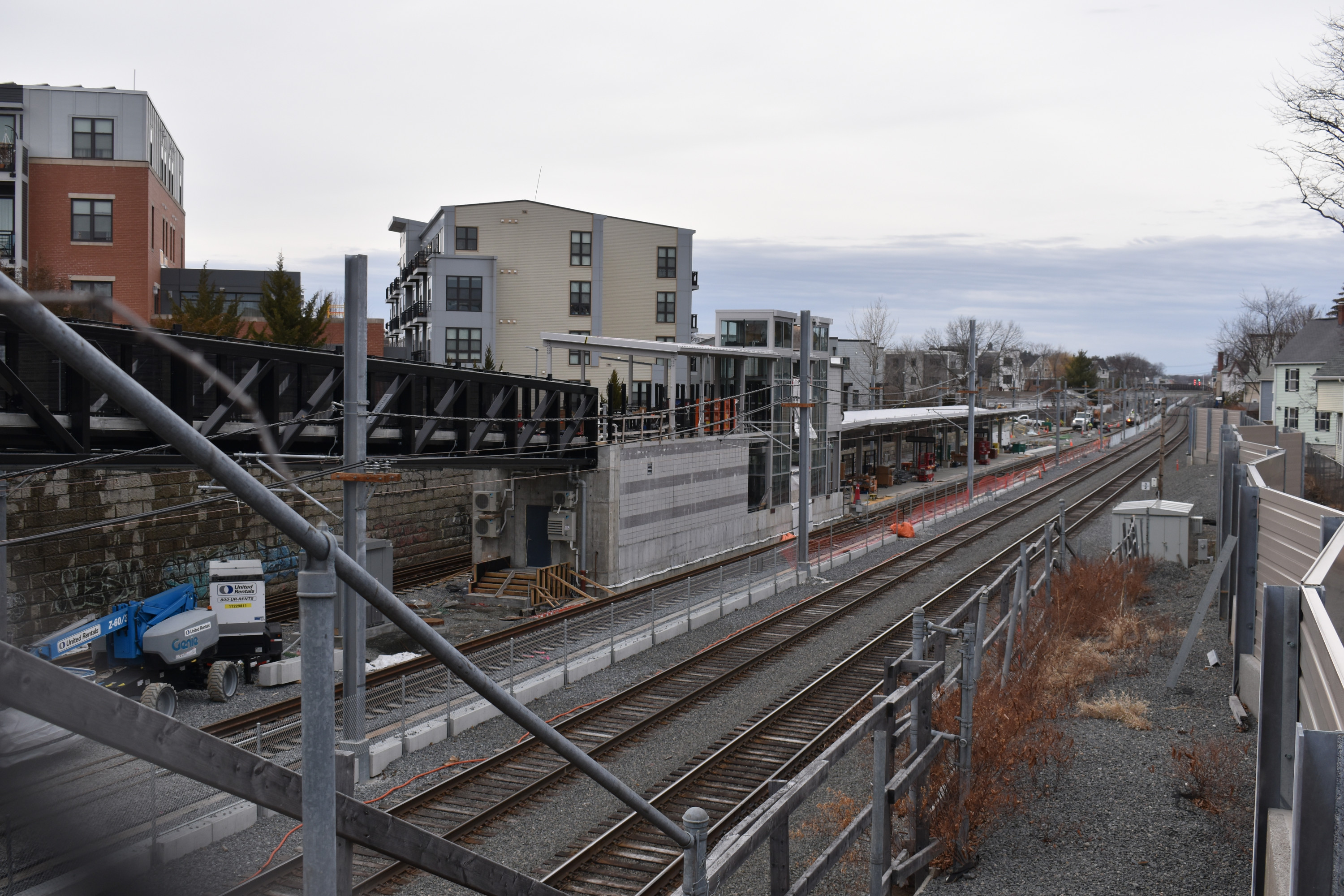 The new Magoun Square Green Line station under construction, seen from Lowell Street. This station is on the longer Medford branch of the Green Line Extension, which is expected to open later this year.