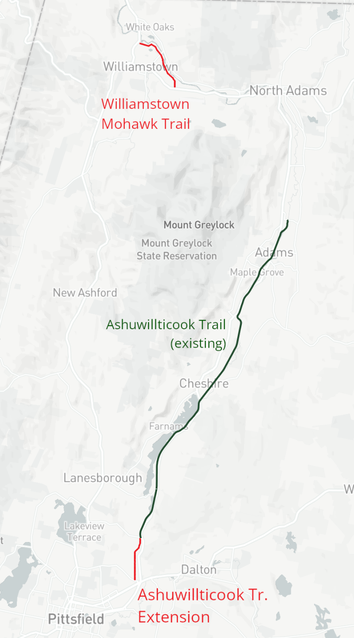 A map of the two new trail projects scheduled to open in 2022 in Berkshire County. Both projects are segments in a planned off-street pathway that will extend along the Hoosic River from Vermont to Pittsfield.