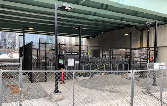 A new "pedal and park" bike parking area has been installed in the shelter of the new Lechmere Green Line station near the end of the Community Path extension.