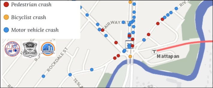 Map of crash clusters in Mattapan Square, which is a hot spot for crashes involving pedestrians.
