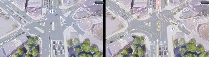 An overview of Boston's proposed changes to Mattapan Square. The city proposes to add a new crosswalk across Blue Hill Avenue and widen the sidewalk next to Mattapan Station and narrow Cummins Highway to give pedestrians safer crosswalks.
