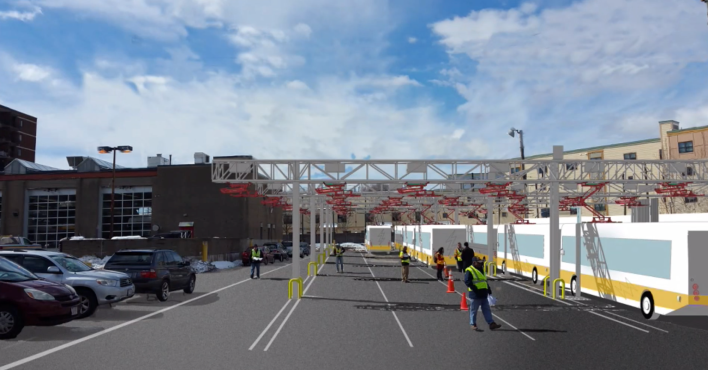 A rendering of the proposed bus charging gantry being proposed for the North Cambridge bus garage near Davis Square.
