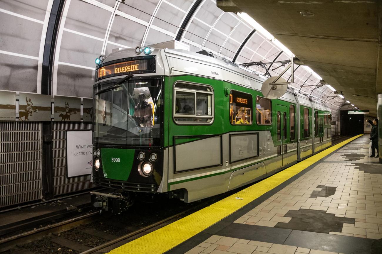 A new "Type 9" Green Line train at the platform at the North Station Green Line stop in Boston.