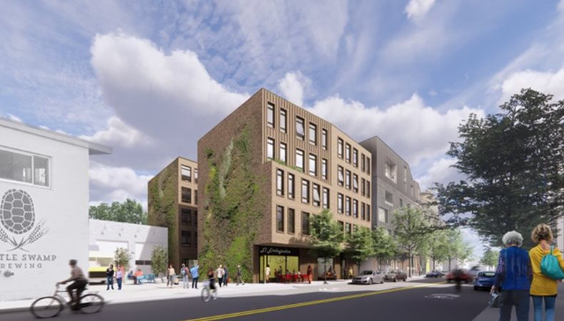 A rendering of the proposed 5-story apartment building at 3371 Washington Street, which would provide 38 homes for low-income seniors and a new ground-floor space for the El Embajador Restaurant, within a short walk of the Green Street Orange Line station.